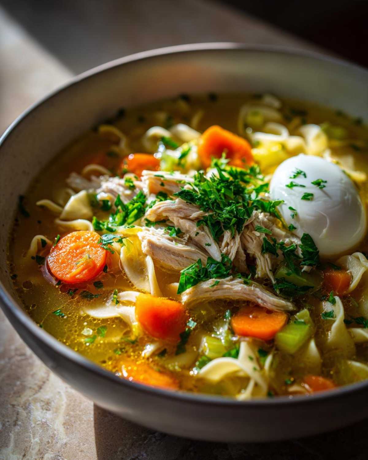 Close-up of a bowl of amazing chicken noodle soup topped with shredded chicken, carrots, and fresh parsley, including a soft-boiled egg.