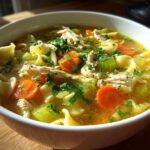 A hearty bowl of amazing chicken noodle soup featuring shredded chicken, bright orange carrots, celery, and egg noodles in rich broth.