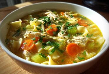 A hearty bowl of amazing chicken noodle soup featuring shredded chicken, bright orange carrots, celery, and egg noodles in rich broth.