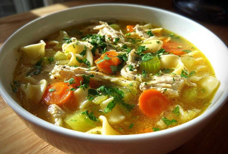 A hearty bowl of amazing chicken noodle soup featuring shredded chicken, bright orange carrots, celery, and egg noodles in rich broth.