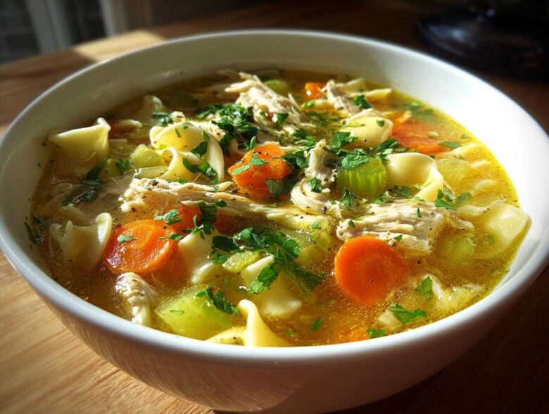 A hearty bowl of amazing chicken noodle soup featuring shredded chicken, bright orange carrots, celery, and egg noodles in rich broth.