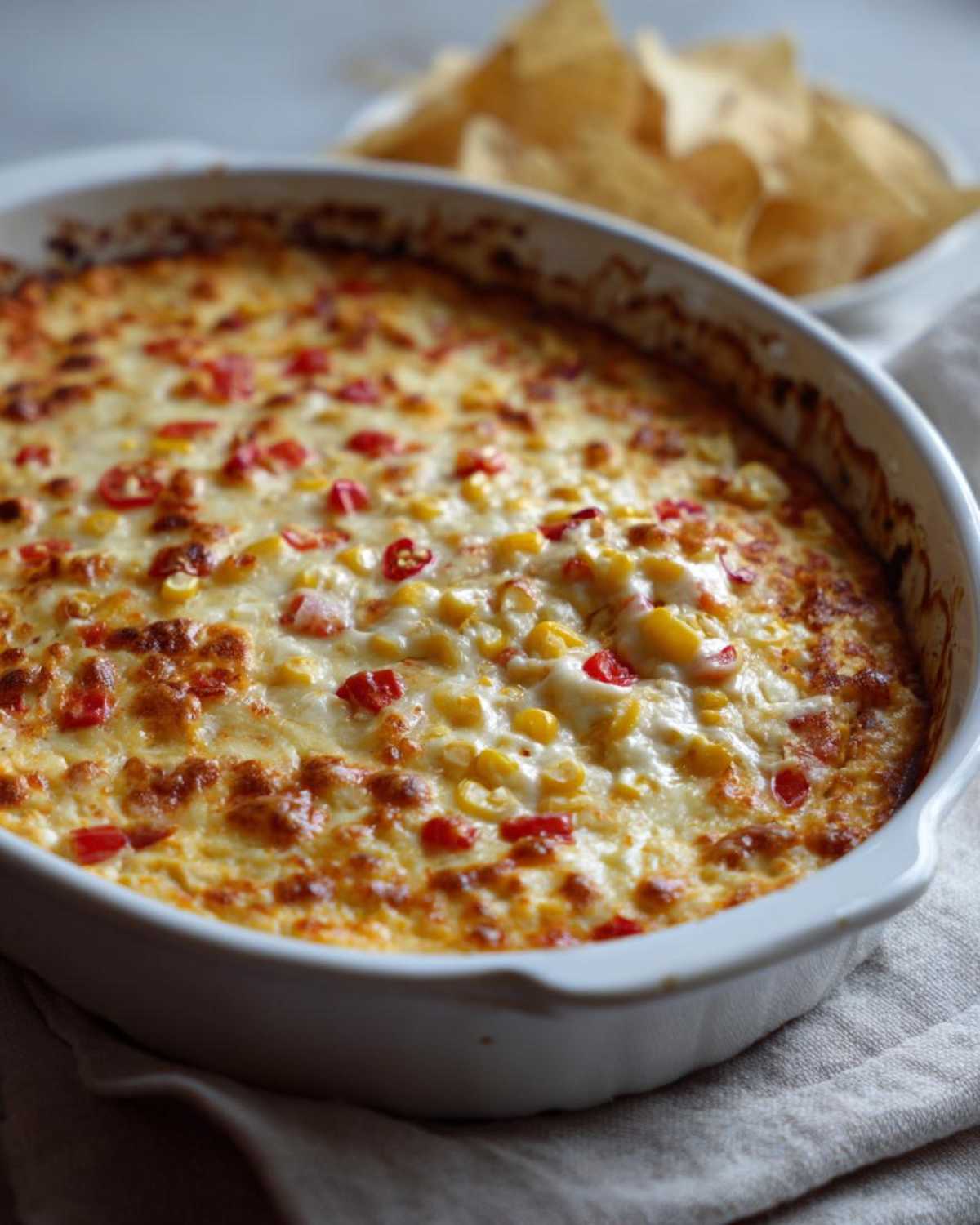 Close-up of hot, bubbly corn dip with cream cheese, corn kernels, and red peppers, served in a white baking dish with chips nearby.