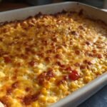 Close-up of a baked corn dip with cream cheese, featuring a bubbly, golden-brown melted cheese topping.