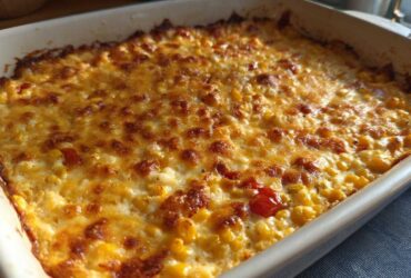 Close-up of a baked corn dip with cream cheese, featuring a bubbly, golden-brown melted cheese topping.