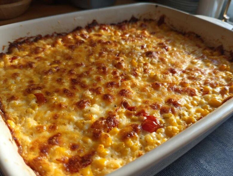 Close-up of a baked corn dip with cream cheese, featuring a bubbly, golden-brown melted cheese topping.