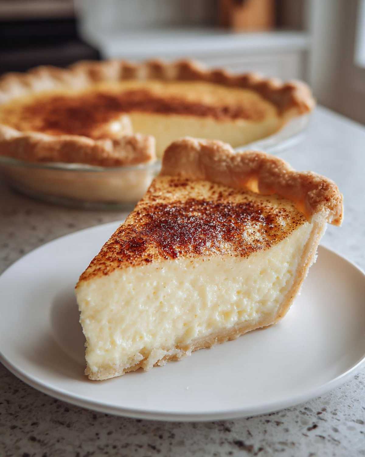 A perfect slice of creamy custard pie dusted with cinnamon sits on a white plate, with the rest of the custard pie blurred in the background.