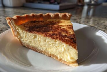 A perfect slice of creamy custard pie dusted with cinnamon on a white plate.