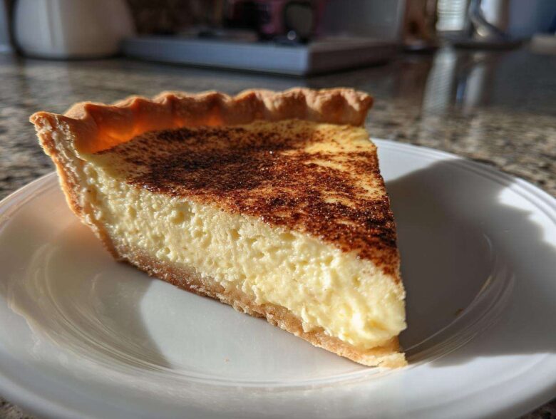 A perfect slice of creamy custard pie dusted with cinnamon on a white plate.