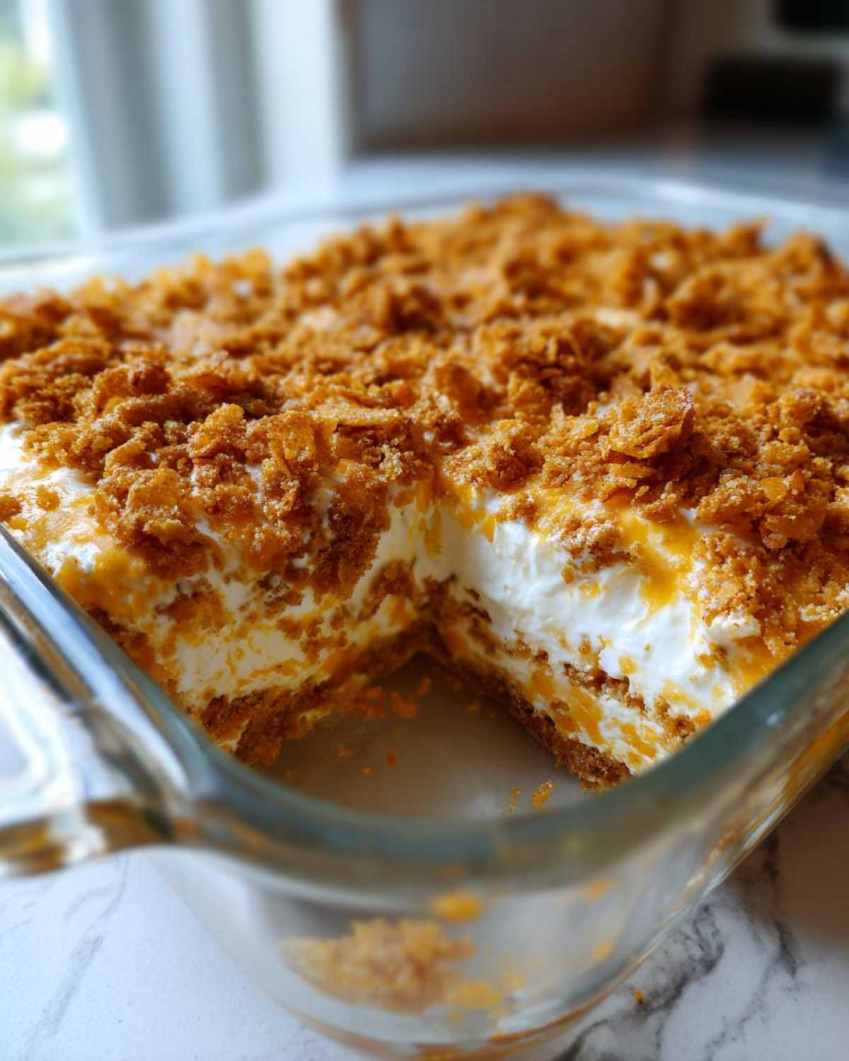 A serving removed from a glass dish showing layers of creamy filling and orange Dorito Casserole base topped with crushed chips.