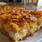 Close-up of a thick slice of Dorito Casserole featuring a creamy white base and a golden, crunchy topping of melted cheese and crushed chips.