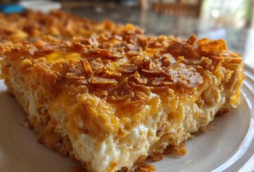Close-up of a thick slice of Dorito Casserole featuring a creamy white base and a golden, crunchy topping of melted cheese and crushed chips.