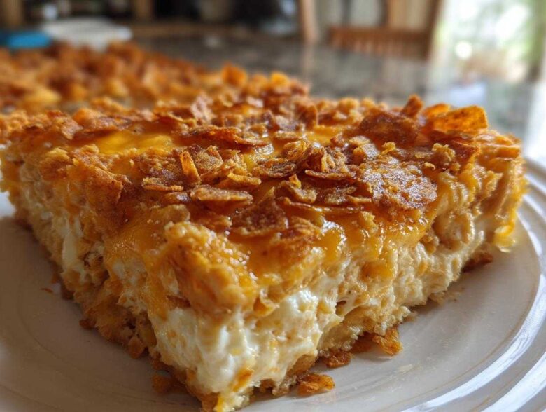 Close-up of a thick slice of Dorito Casserole featuring a creamy white base and a golden, crunchy topping of melted cheese and crushed chips.