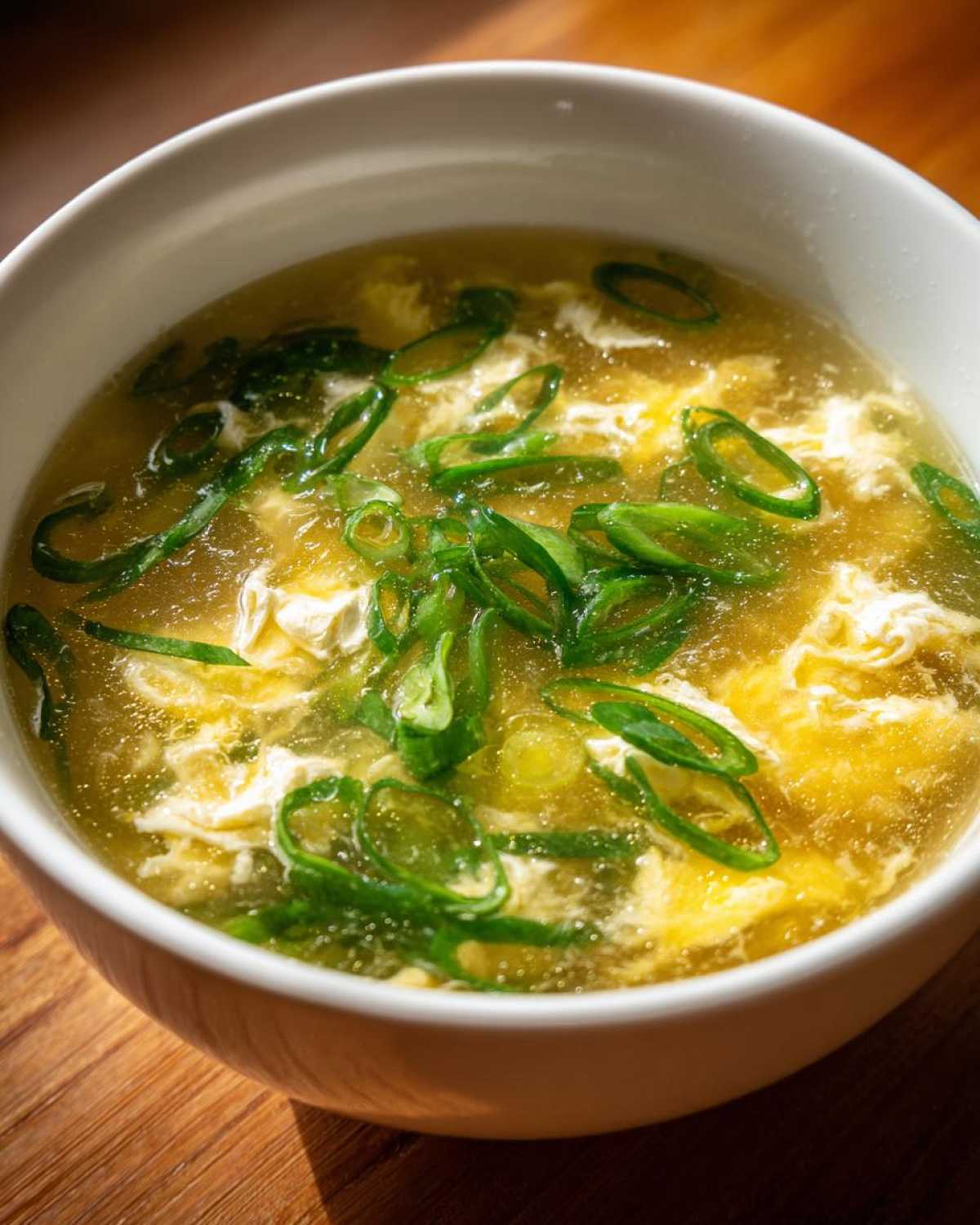 A close-up view of a white bowl filled with hot egg drop soup, featuring wisps of cooked egg and topped with fresh green scallions.