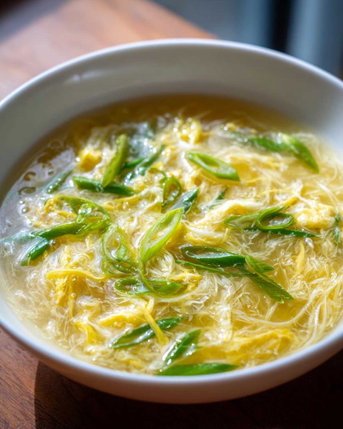 A close-up of a white bowl filled with hot egg drop soup, featuring delicate ribbons of cooked egg and green scallions.