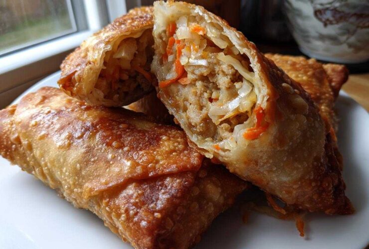 Close-up of a crispy, golden brown egg roll cut open to show the savory filling of meat, cabbage, and carrots.