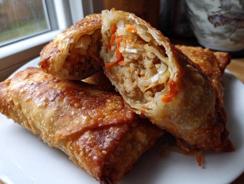 Close-up of a crispy, golden brown egg roll cut open to show the savory filling of meat, cabbage, and carrots.