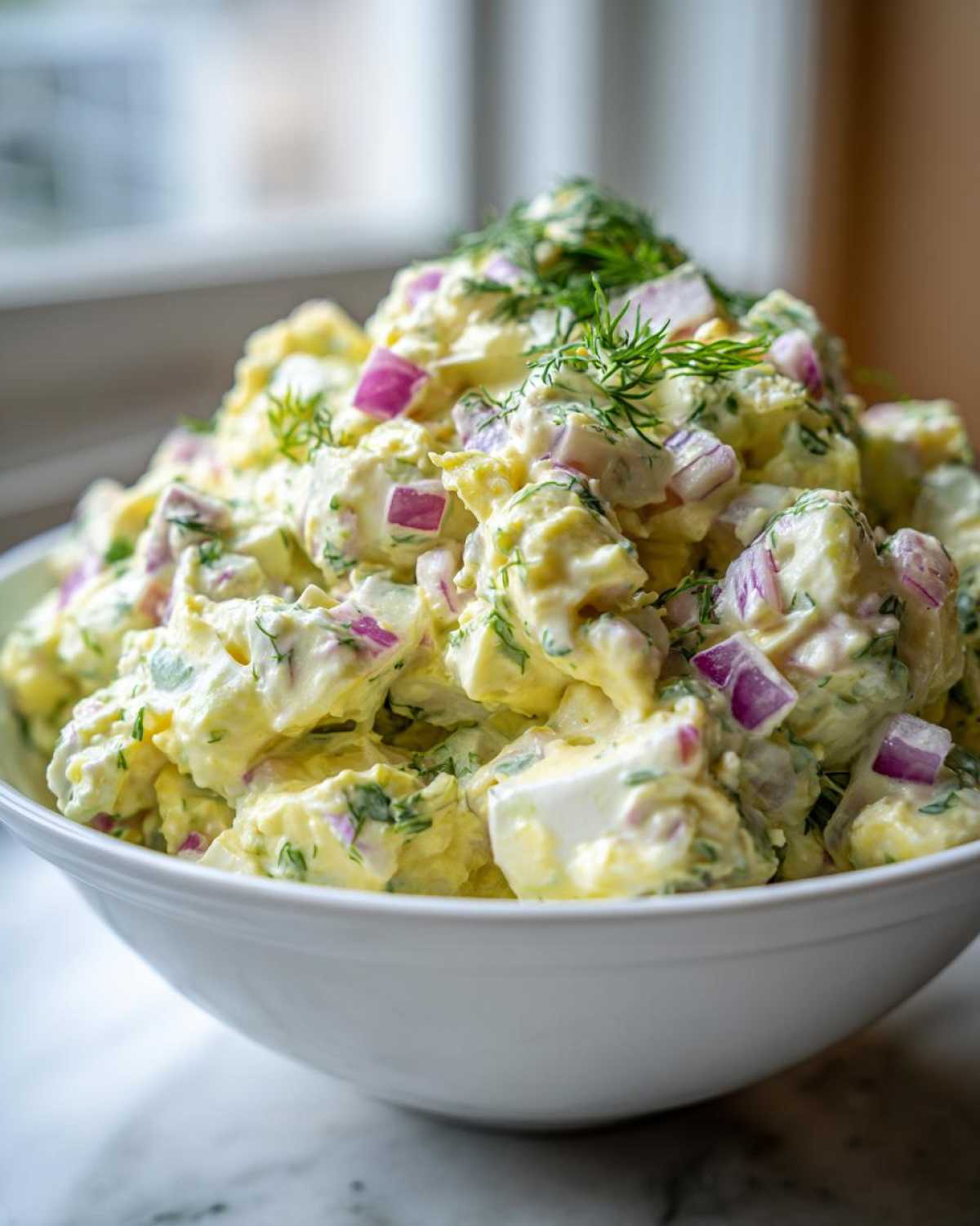Close-up of a creamy egg salad recipe piled high in a white bowl, featuring visible chunks of egg, red onion, and fresh dill.