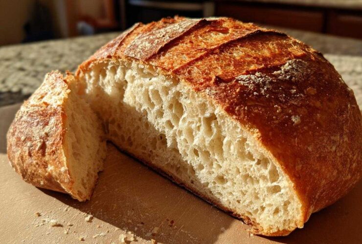 Cross-section of a rustic french bread loaf showing an open, airy crumb and golden crust.