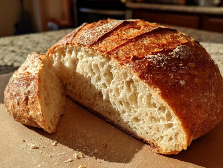 Cross-section of a rustic french bread loaf showing an open, airy crumb and golden crust.