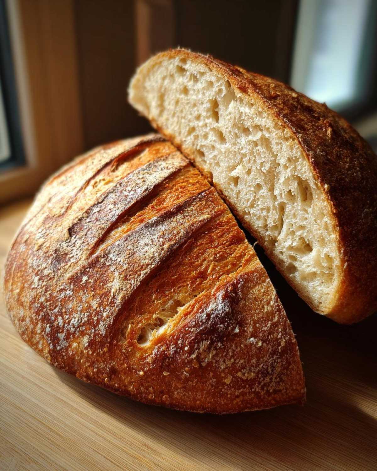 A beautifully scored, golden-brown loaf of homemade french bread cut in half, revealing an airy interior crumb.