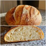 Top image shows a golden-brown, scored loaf of french bread; bottom shows a cross-section revealing an open, airy crumb.