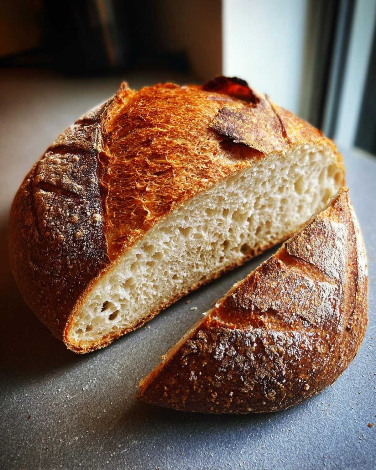 Close-up of a freshly baked, round loaf of french bread, sliced open to show the airy crumb structure.