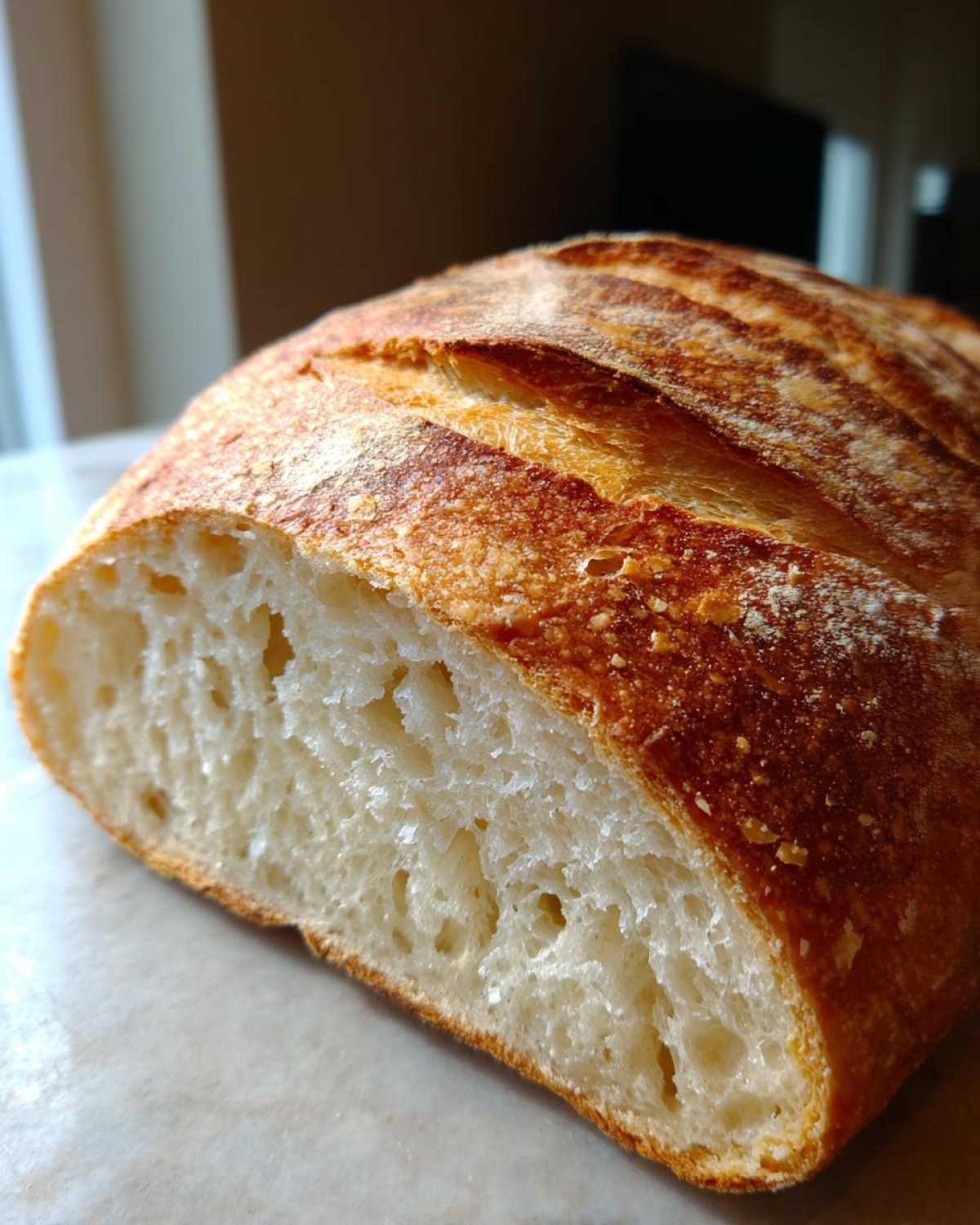 A close-up cross-section of homemade french bread showing the airy interior crumb and golden, scored crust.