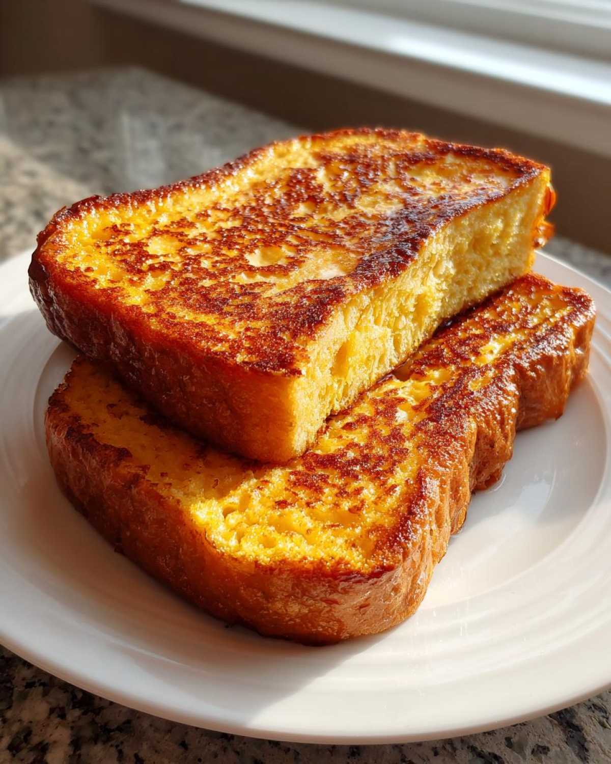 Two thick slices of golden brown french toast stacked on a white plate near a window.