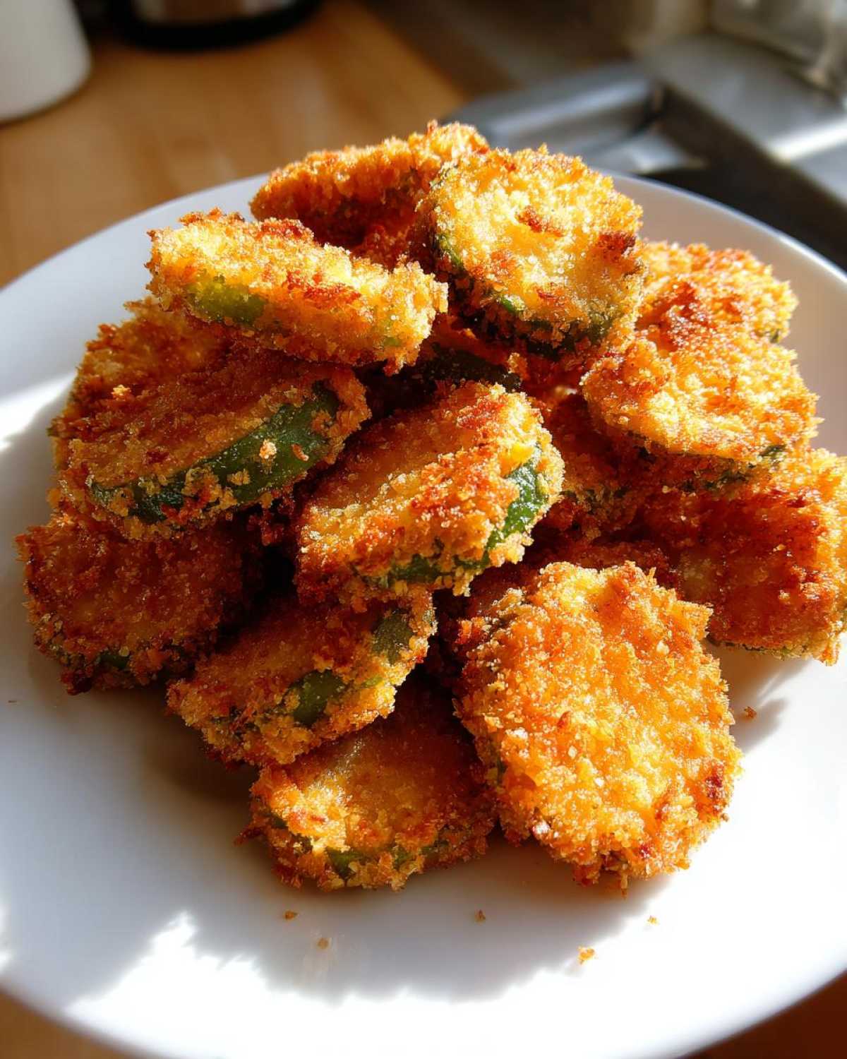 A pile of perfectly golden brown, crispy Fried Pickles stacked high on a white plate, showing the green interior.