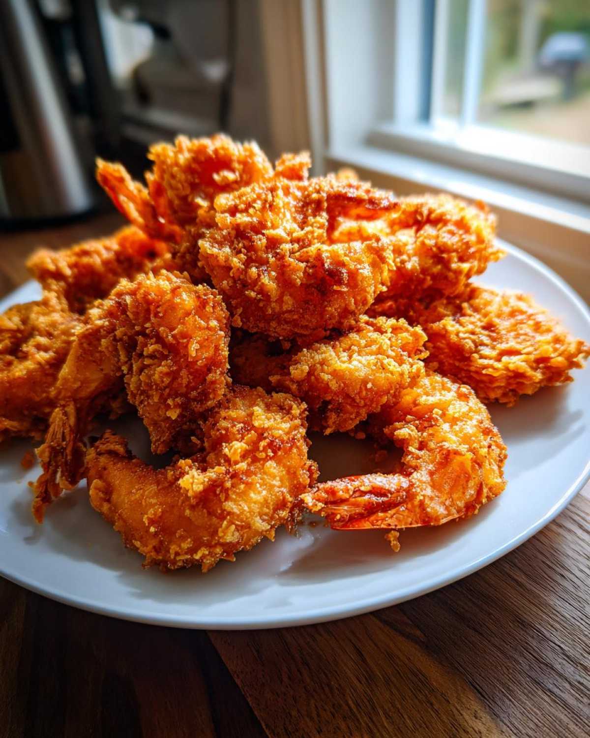 A pile of golden brown, crispy fried shrimp served on a white plate, ready to eat.