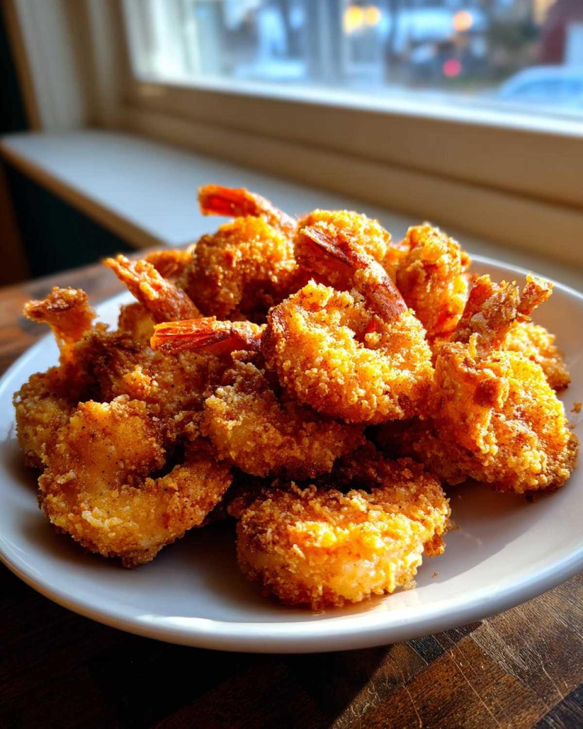 A mound of perfectly golden, crispy fried shrimp piled high on a white plate, tails on.