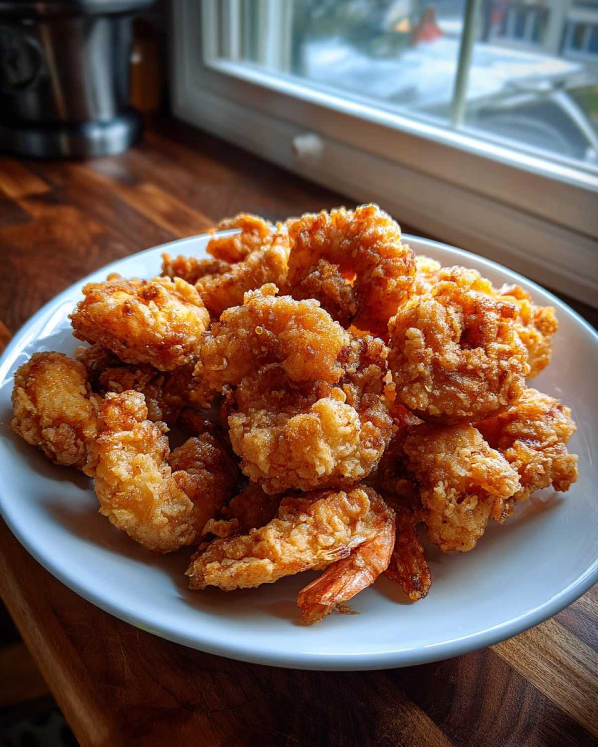 A generous pile of perfectly golden, crispy fried shrimp served on a white plate indoors.