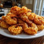 A large pile of golden brown, crispy fried shrimp served on a white plate, ready to eat.