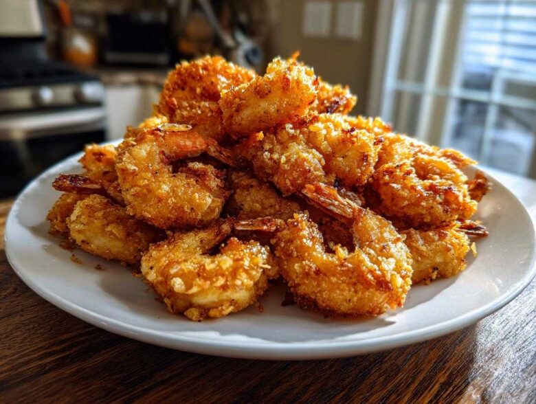 A large pile of golden brown, crispy fried shrimp served on a white plate, ready to eat.