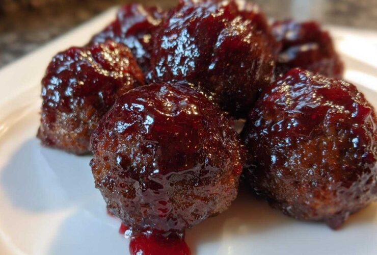 A close-up of several savory Grape jelly meatballs coated in a thick, shiny, dark red glaze on a white plate.