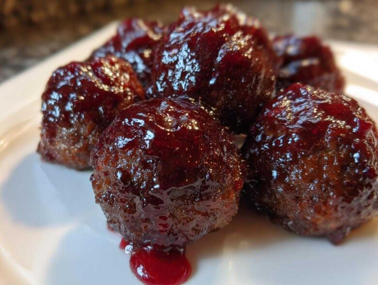 A close-up of several savory Grape jelly meatballs coated in a thick, shiny, dark red glaze on a white plate.