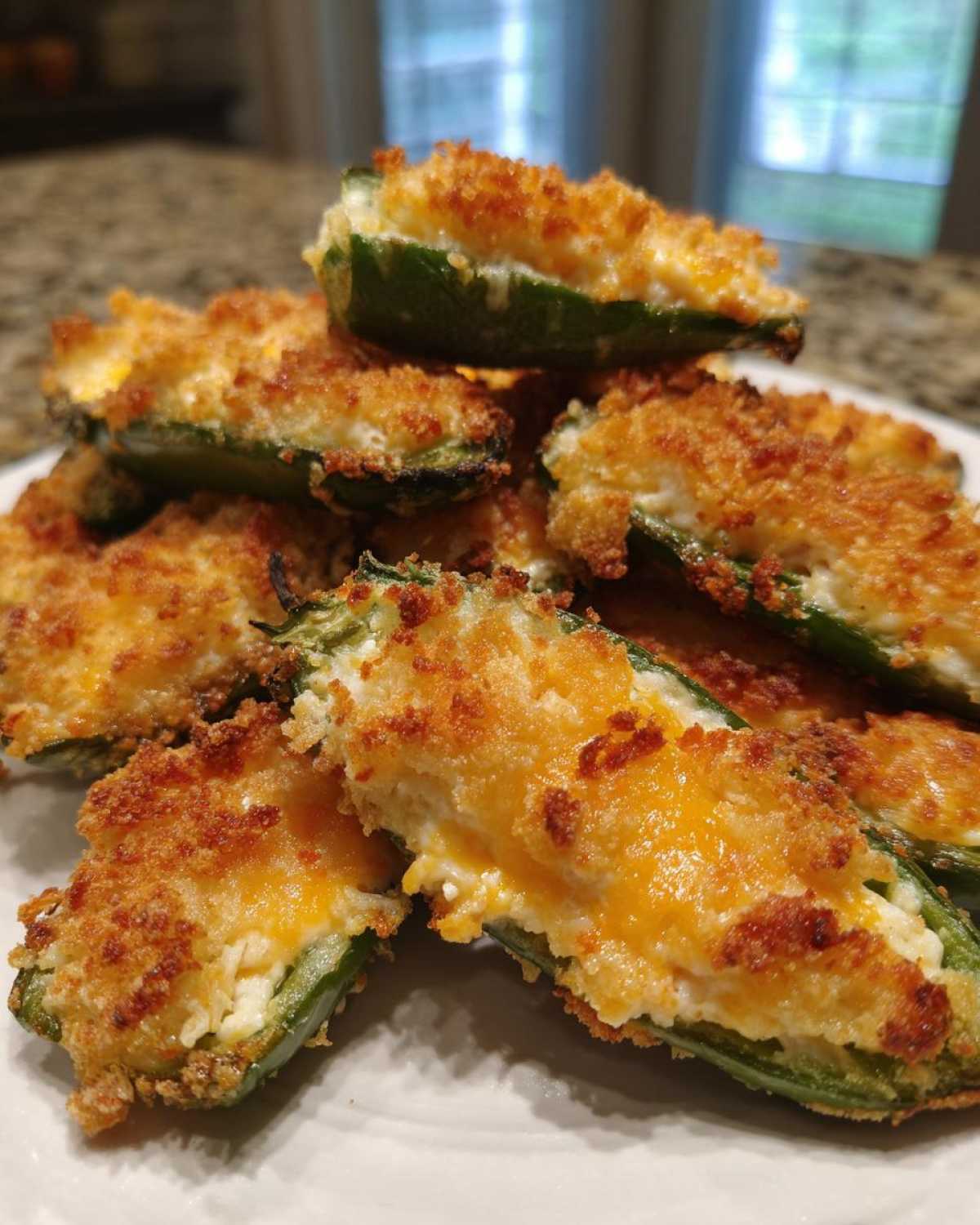 A pile of freshly baked Jalapeño poppers stuffed with creamy cheese and topped with golden breadcrumbs.