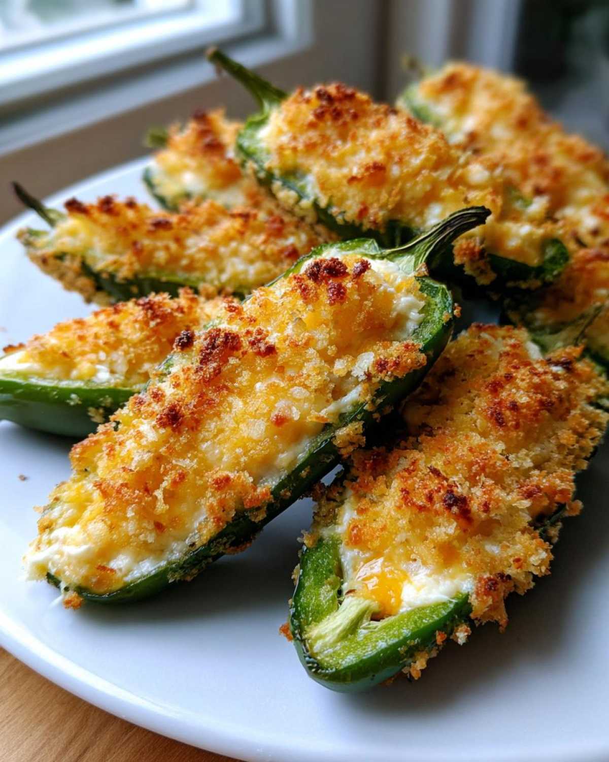 Close-up of several baked Jalapeño poppers stuffed with creamy filling and topped with golden brown breadcrumbs.