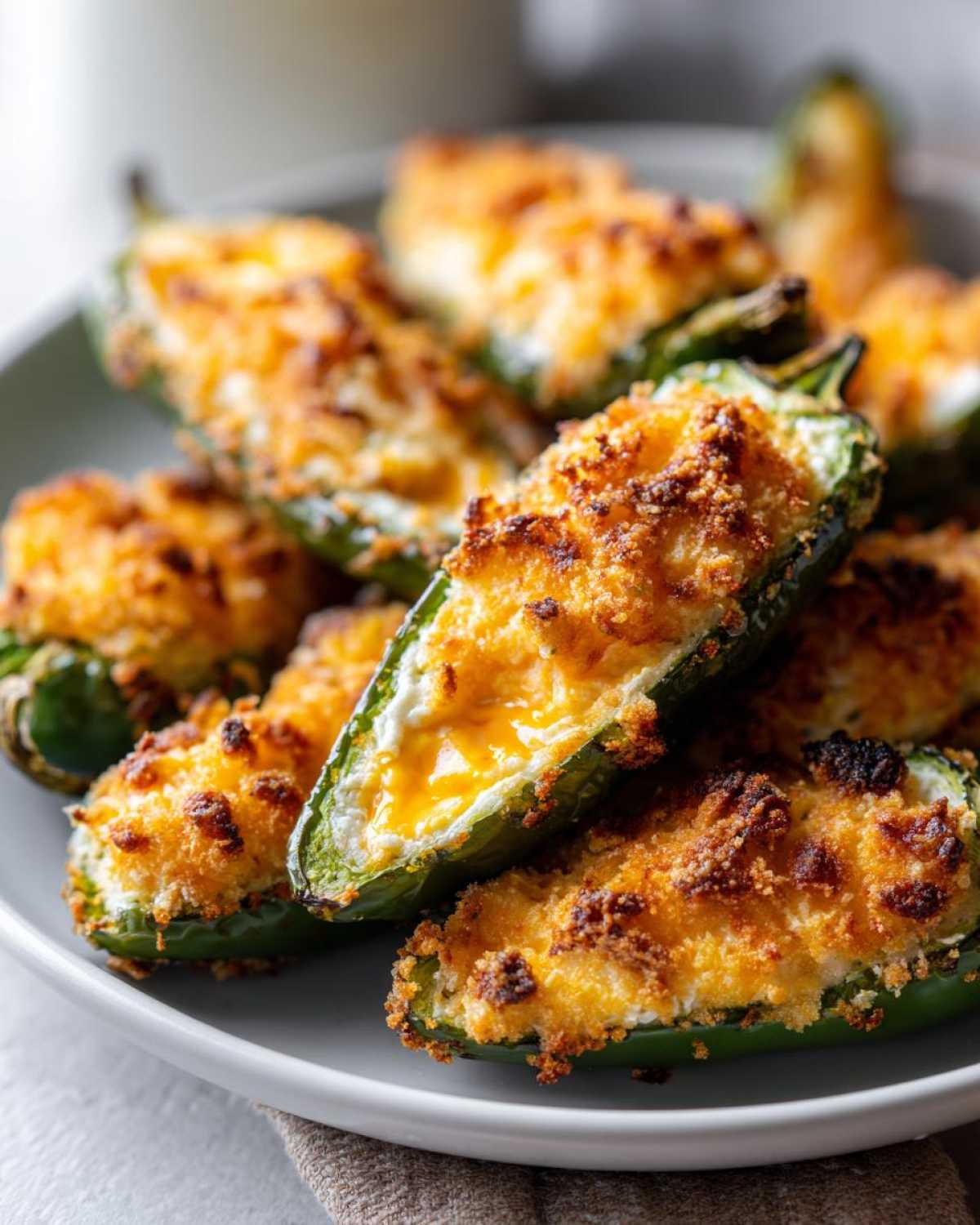 A plate of freshly baked jalapeño poppers stuffed with creamy cheese and topped with a crispy, golden-brown breadcrumb crust.