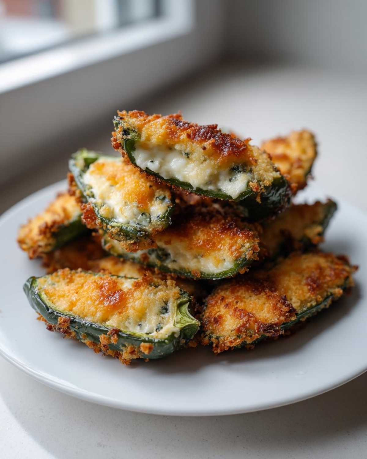 A pile of crispy, golden-brown Jalapeño poppers stuffed with melted cheese, served on a white plate.