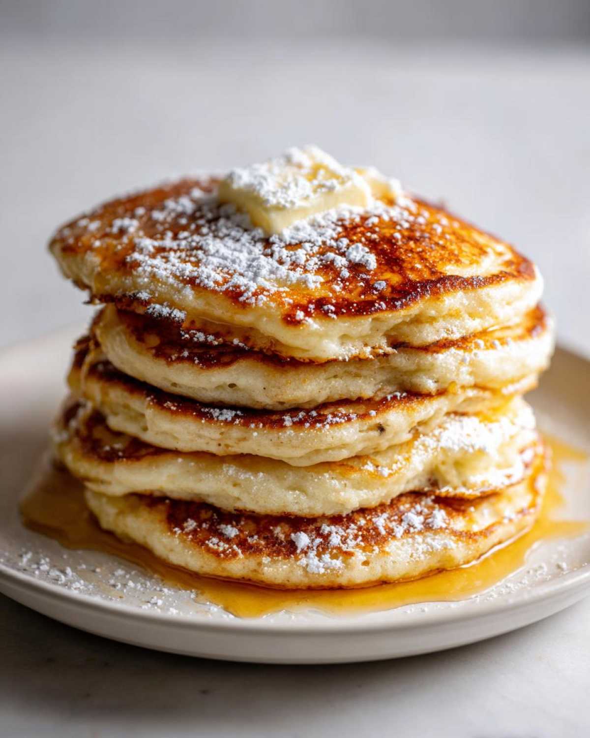 A tall stack of golden brown oatmeal pancakes topped with butter, powdered sugar, and maple syrup.