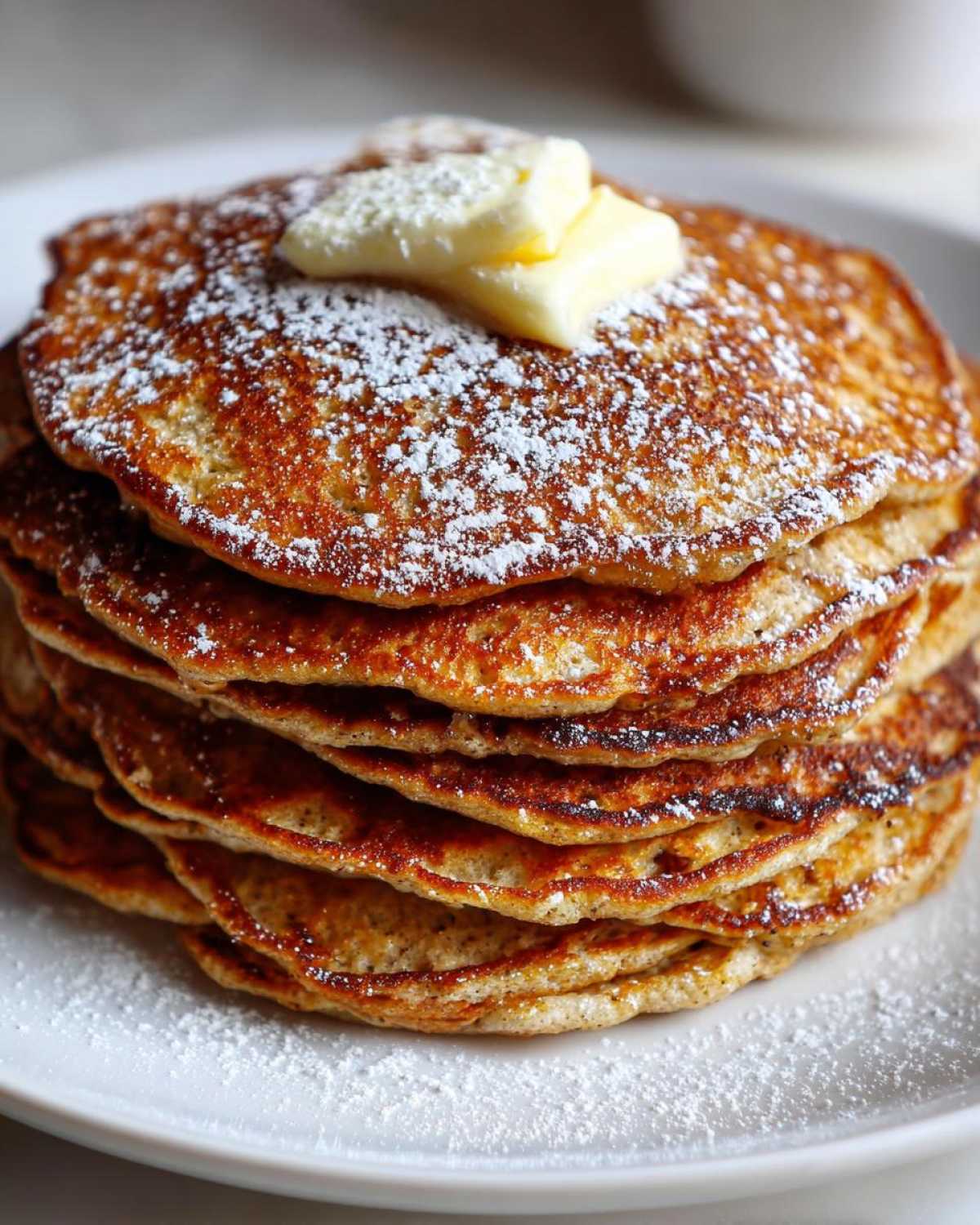 A tall stack of golden brown oatmeal pancakes topped with melting butter and powdered sugar.