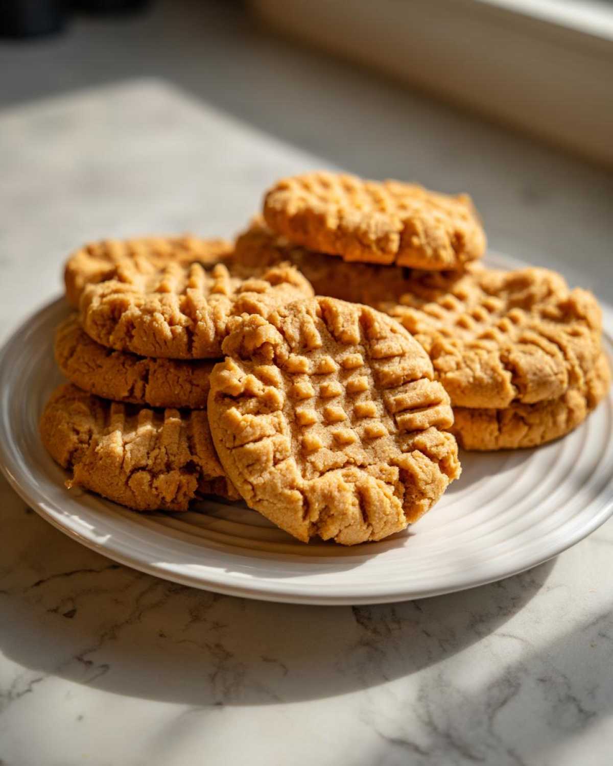 A stack of classic peanut butter cookies with fork marks piled on a white plate.