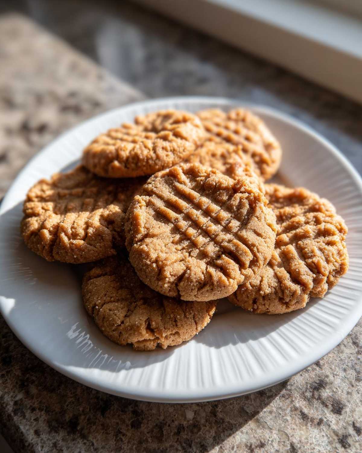 A stack of freshly baked peanut butter cookies with classic crosshatch fork marks, served on a white plate.