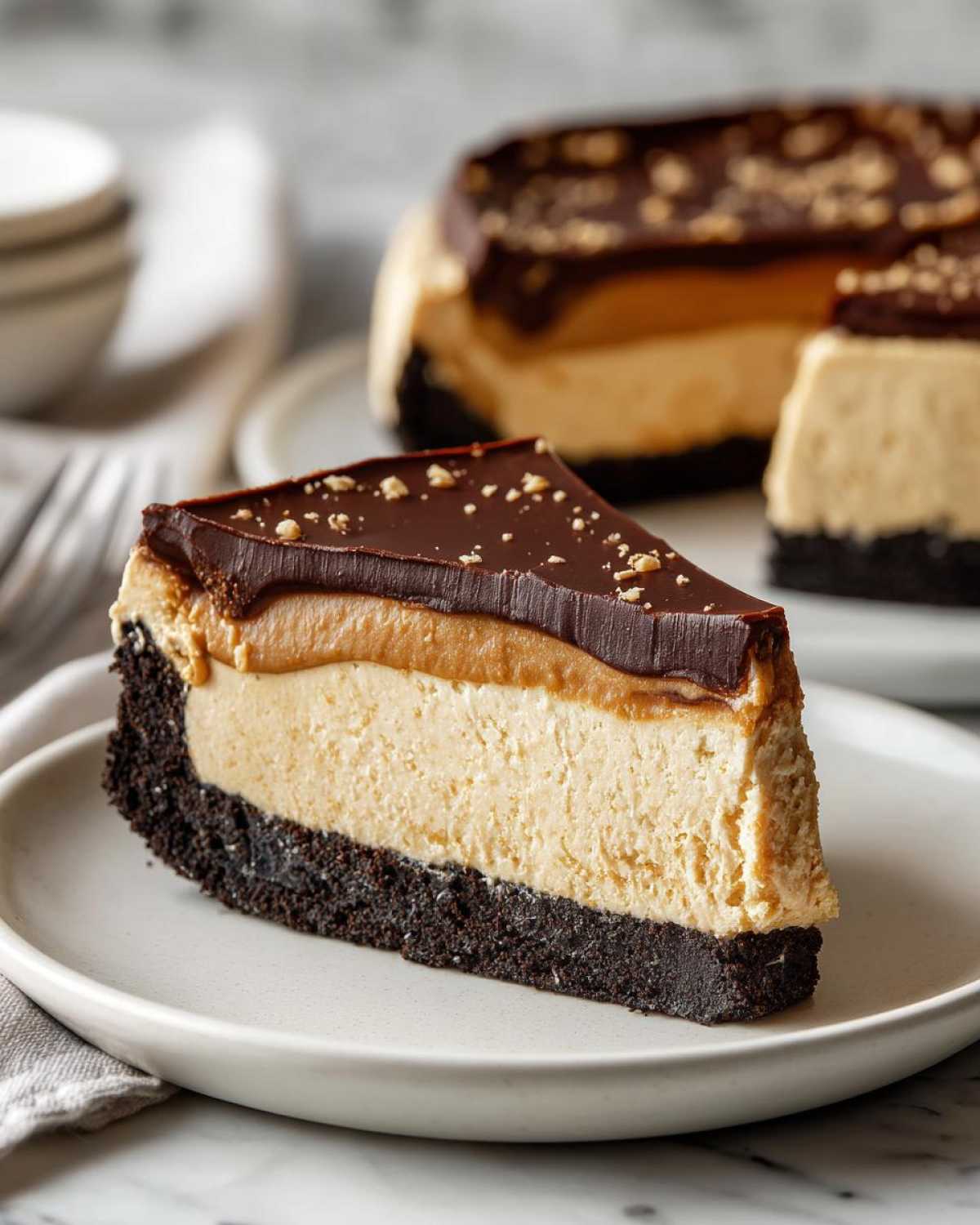 A decadent slice of no-bake peanut butter pie with a chocolate crust, peanut butter filling, and chocolate ganache topping.