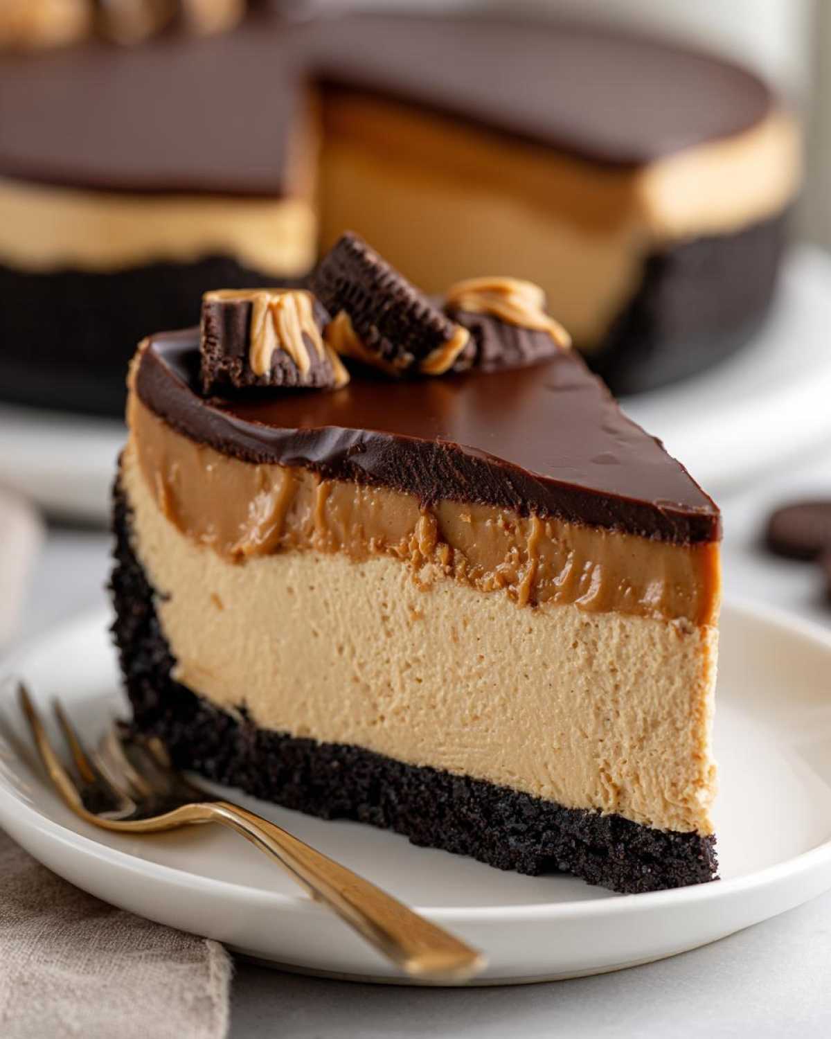 A decadent slice of no-bake peanut butter pie with a dark crust, creamy filling, chocolate ganache, and peanut butter cup toppings.