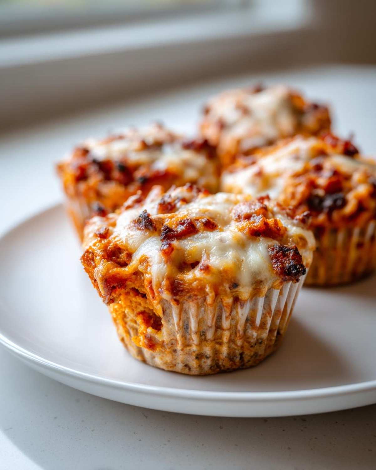 Four freshly baked pizza muffins topped with melted, slightly browned cheese, served on a white plate.