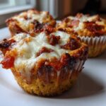 Three freshly baked pizza muffins topped with melted mozzarella cheese and pepperoni, served on a white plate.