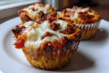 Three freshly baked pizza muffins topped with melted mozzarella cheese and pepperoni, served on a white plate.