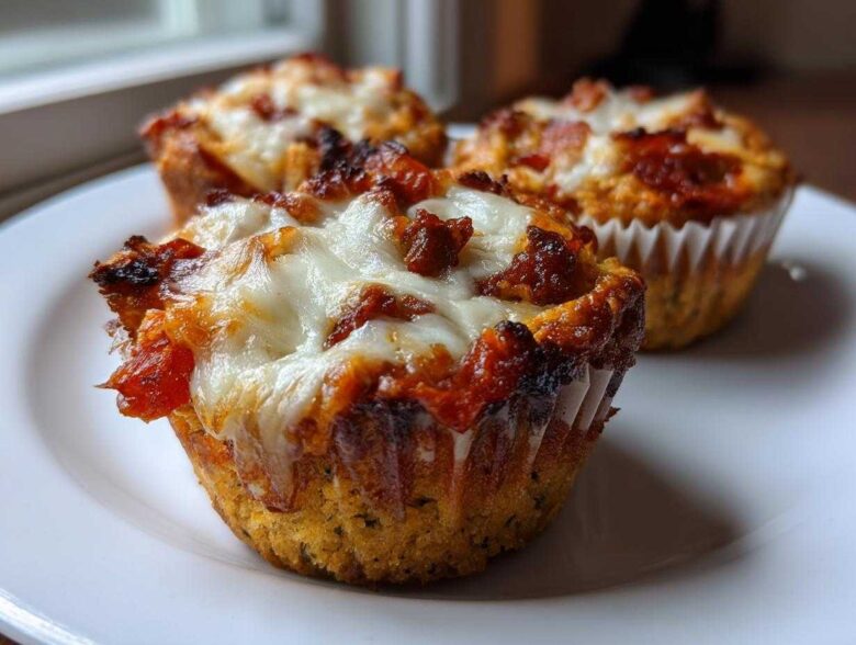 Three freshly baked pizza muffins topped with melted mozzarella cheese and pepperoni, served on a white plate.